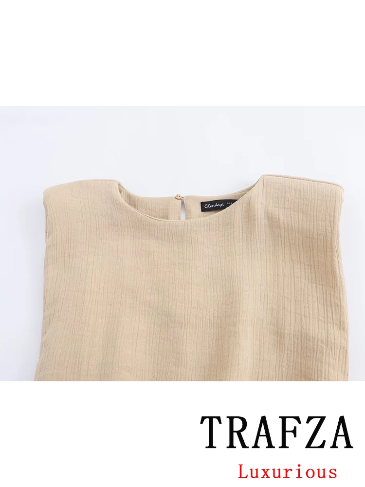 TRAFZA Vintage Casual Chic Solid Women Suit Sleeveless O-Neck Sashes Top Loose Straight Long Pants New Fashion 2024 Autumn Suit