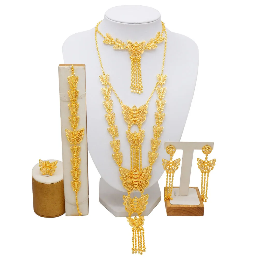 

Модное новое Дубайское 24-каратное позолоченное индивидуальное ожерелье, серьги, кольца, браслеты, комплект украшений для свадебной вечеринки для влюбленных DD10771