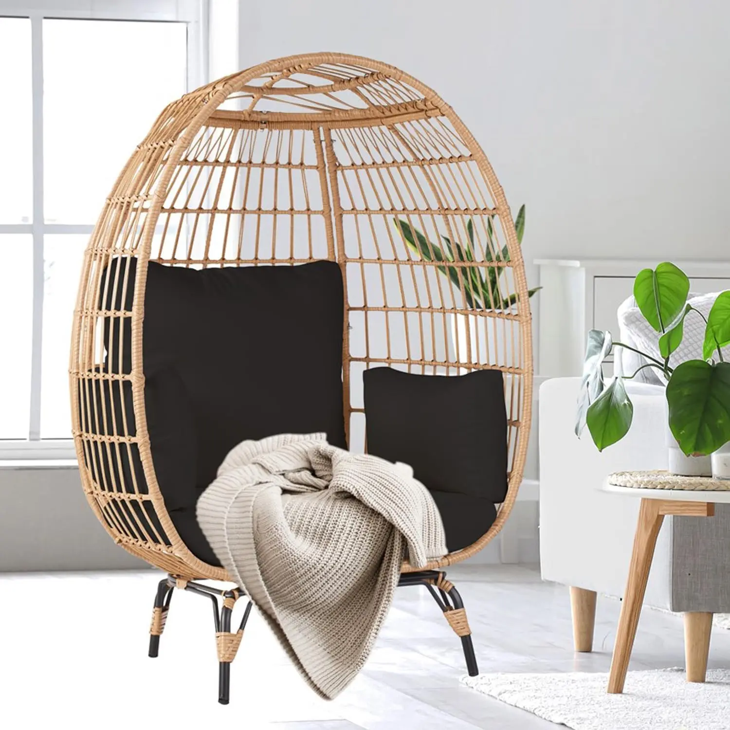 

Wicker Egg Chair w/ 4 Cushions, Steel Frame, Outdoor Indoor Oversized Lounger, Egg Basket Chair, 440lb Capacity, 33.5"D x 40.2"W