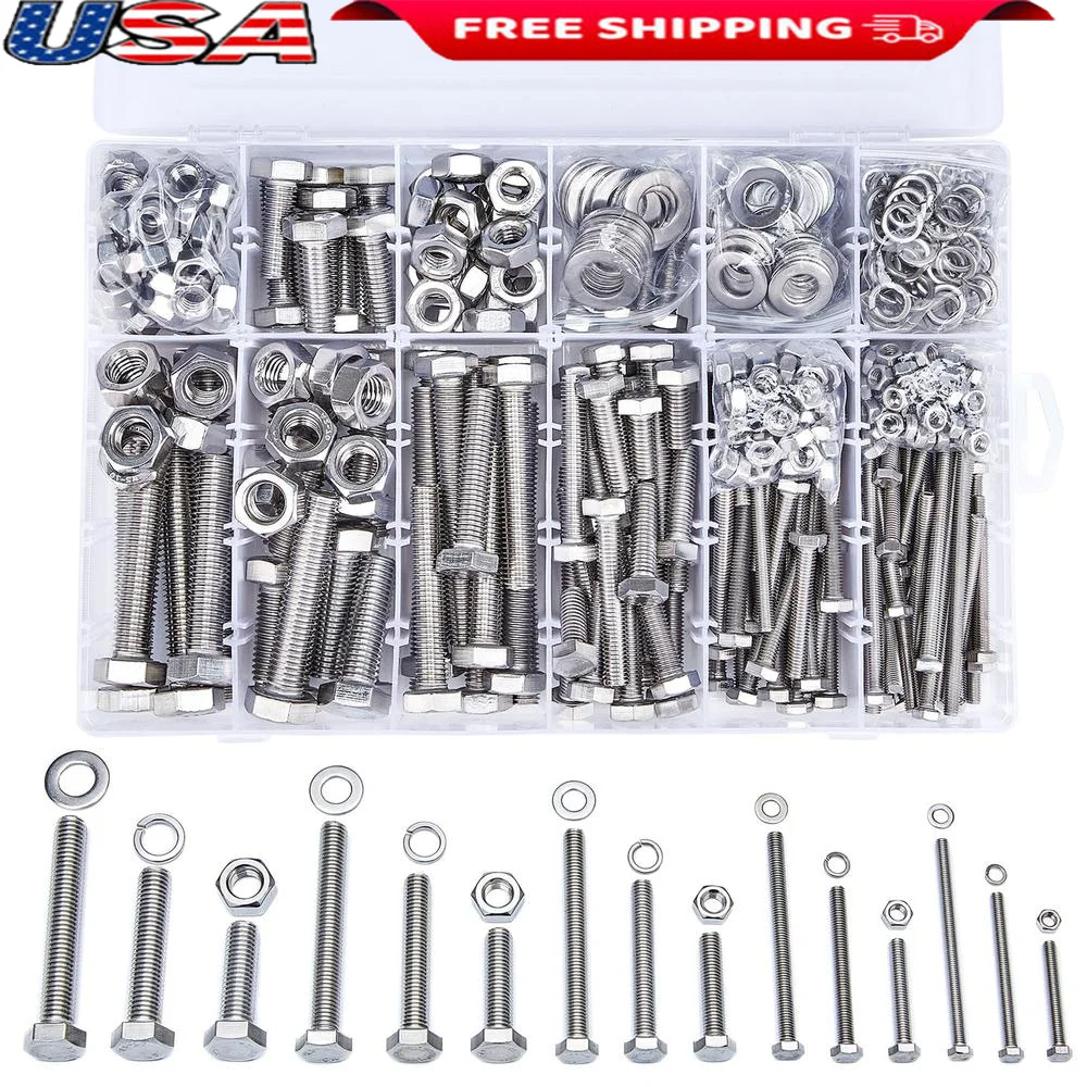 

Stainless Steel Hex Bolt and Nut Set 608 Pcs M5 M6 M8 M10 M12 Washers Heavy Duty Screw Kit