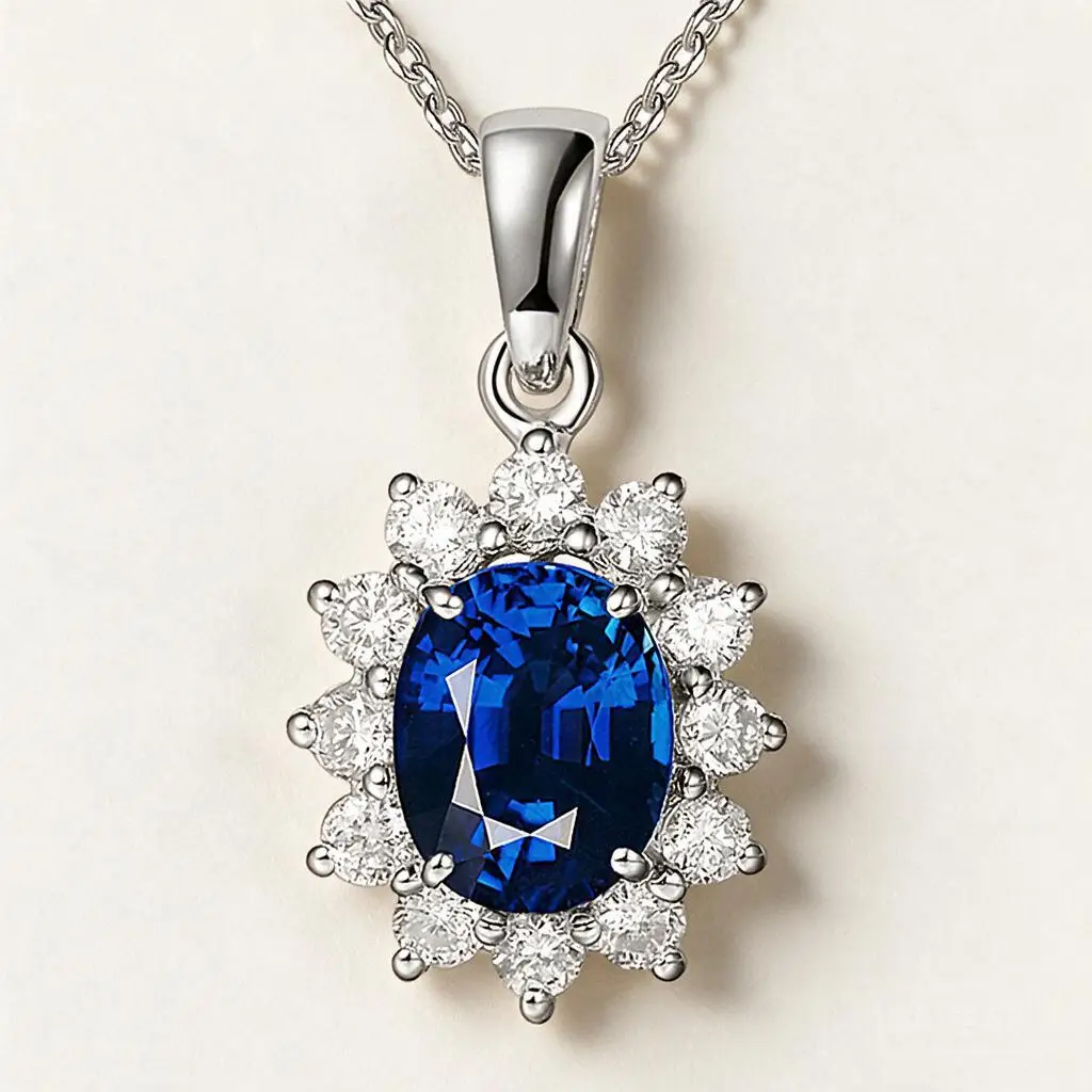 Oval Royal Blue Gemstone Halo Pendant Necklace 18k Gold Plated Sparkling Crystal Accent Fashion Jewelry For Women Wedding Party