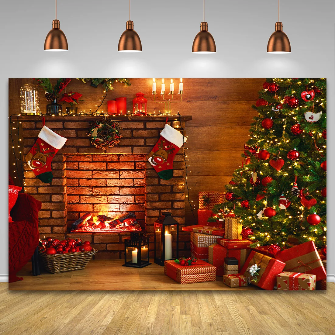 Christmas Photography Backdrop Traditional Stone Fireplace Xmas Trees Kids Family Baby New Year Party Decor Photo Background