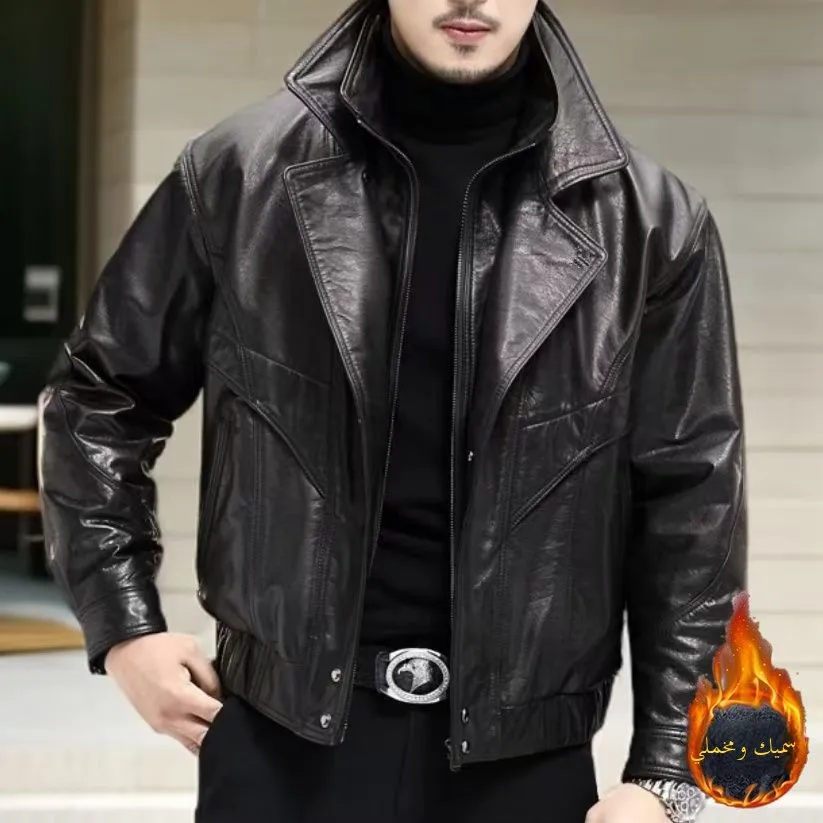 Autumn Winter New Style Men's Slim Fit Fleece Lined Leather Jacket Casual Stand Collar Motorcycle Fashion Trend Outerwear