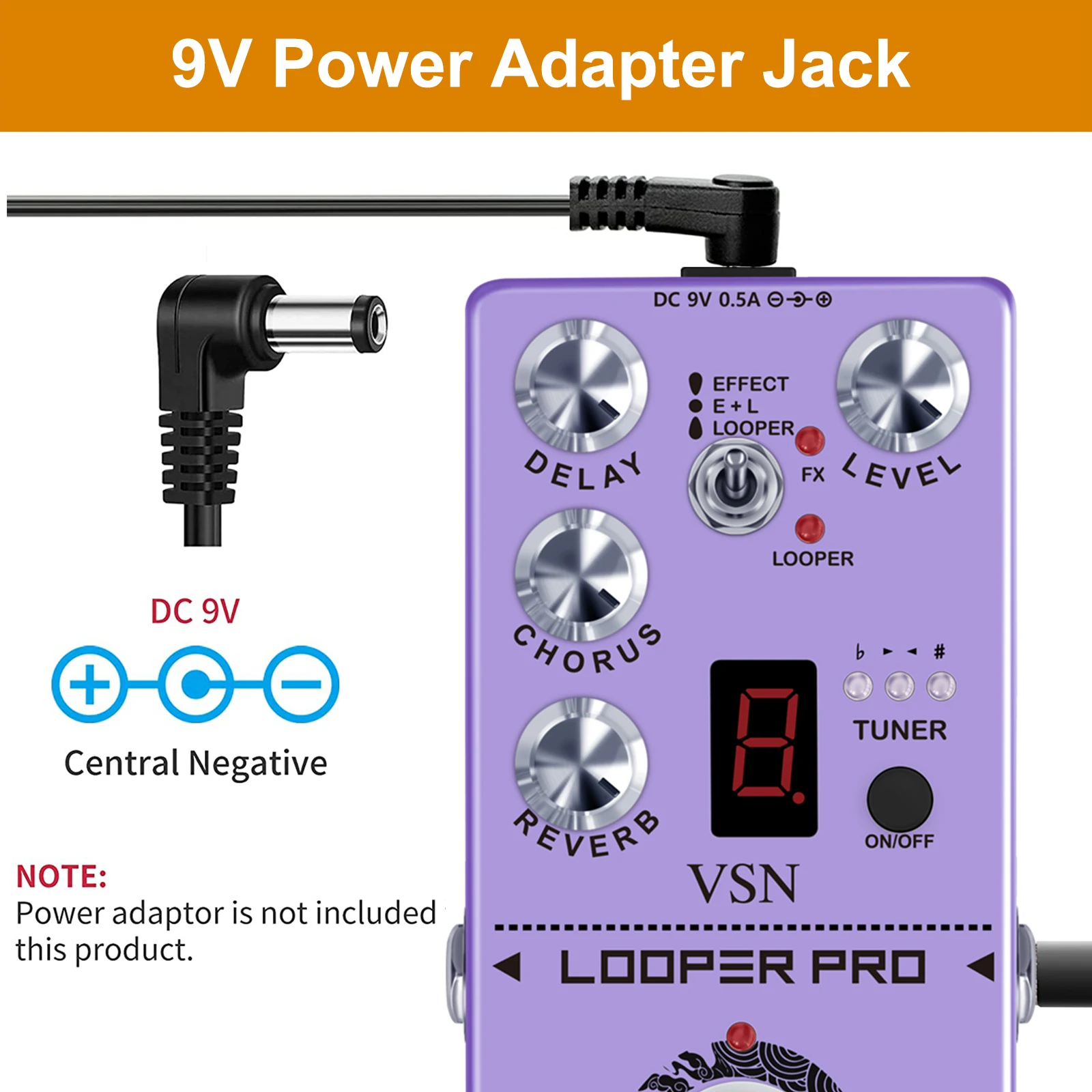 VSN Looper PRO Guitar Multi Effects Pedal 5‑in‑1 Compact Stompbox with Tuner, Looper, Delay, Chorus & Reverb DC 9V Bass Effector