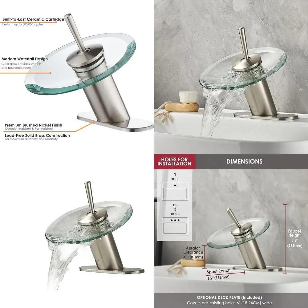 

Modern Brushed Nickel Circle Glass Waterfall Faucet for Single Hole Pedestal Sink, Unique Brass Design