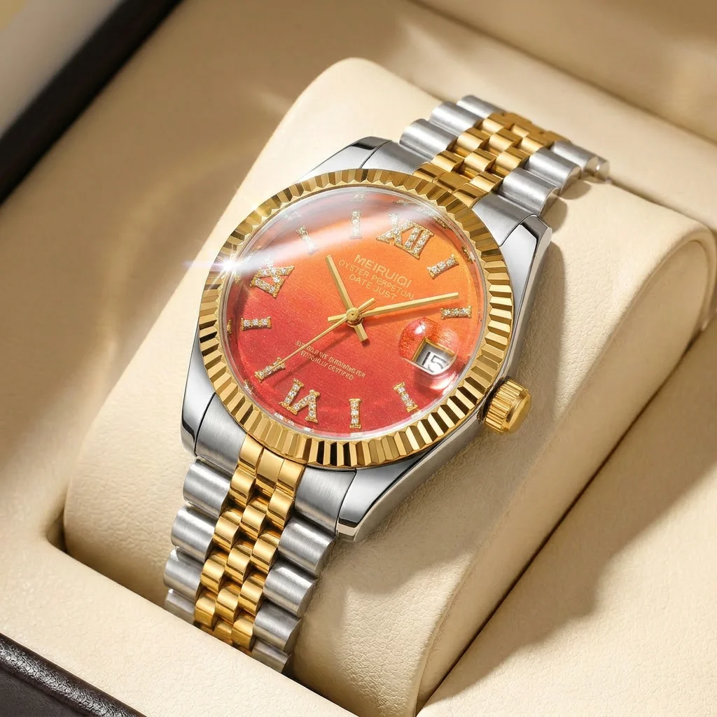 1 Stück Herrenuhr mit orangefarbenem Zifferblatt, Legierungsarmband, Vintage-Mode, Skelett-Design, luxuriöse Details, mechanische Uhr für Geschäftsfeiern, Feiertage.