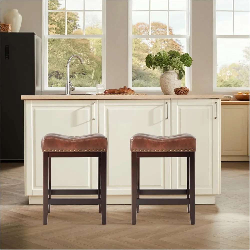 

Kitchen Counter Stool,24 Inch Barstools Wood Stools,Fabric Kitchen Island Stools with Saddle Seats Backless Counter Height Bar