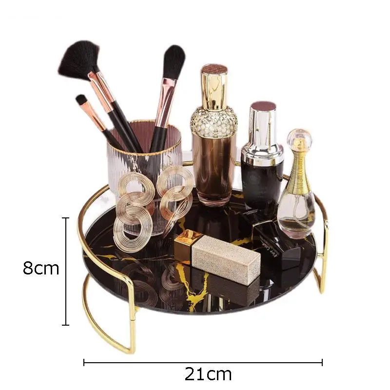 Imagem -03 - Bandeja de Armazenamento de Textura de Mármore Dourado Bandejas de Servir de Vidro Redondo Mesa Cômoda Recipientes Cosméticos Skincare Prateleira de Organizador de Jóias