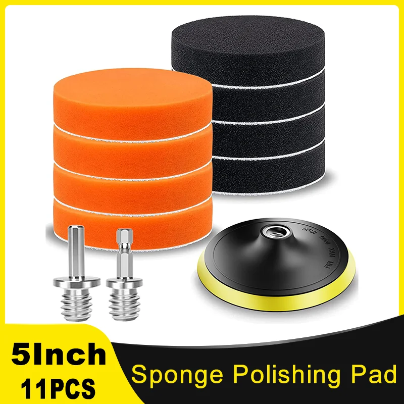 5 Inch Sponge Polishing Pad Kit 11 Pieces with Circular and Hex Adapter for Cleaning Car Wash Polishing and Waxing