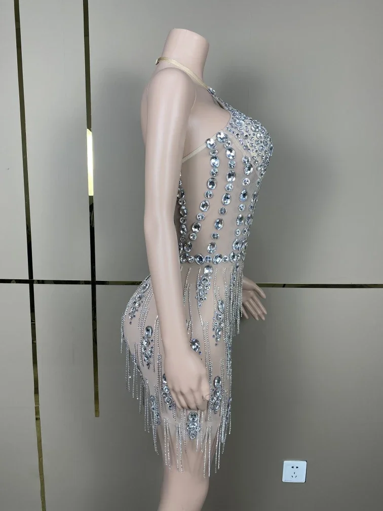 Nuevo modelo de coche de cantante femenina, Vestido corto elástico con espalda descubierta de malla de diamante de agua, disfraz de actuación en escenario, disfraz de Drag Queen para mujer