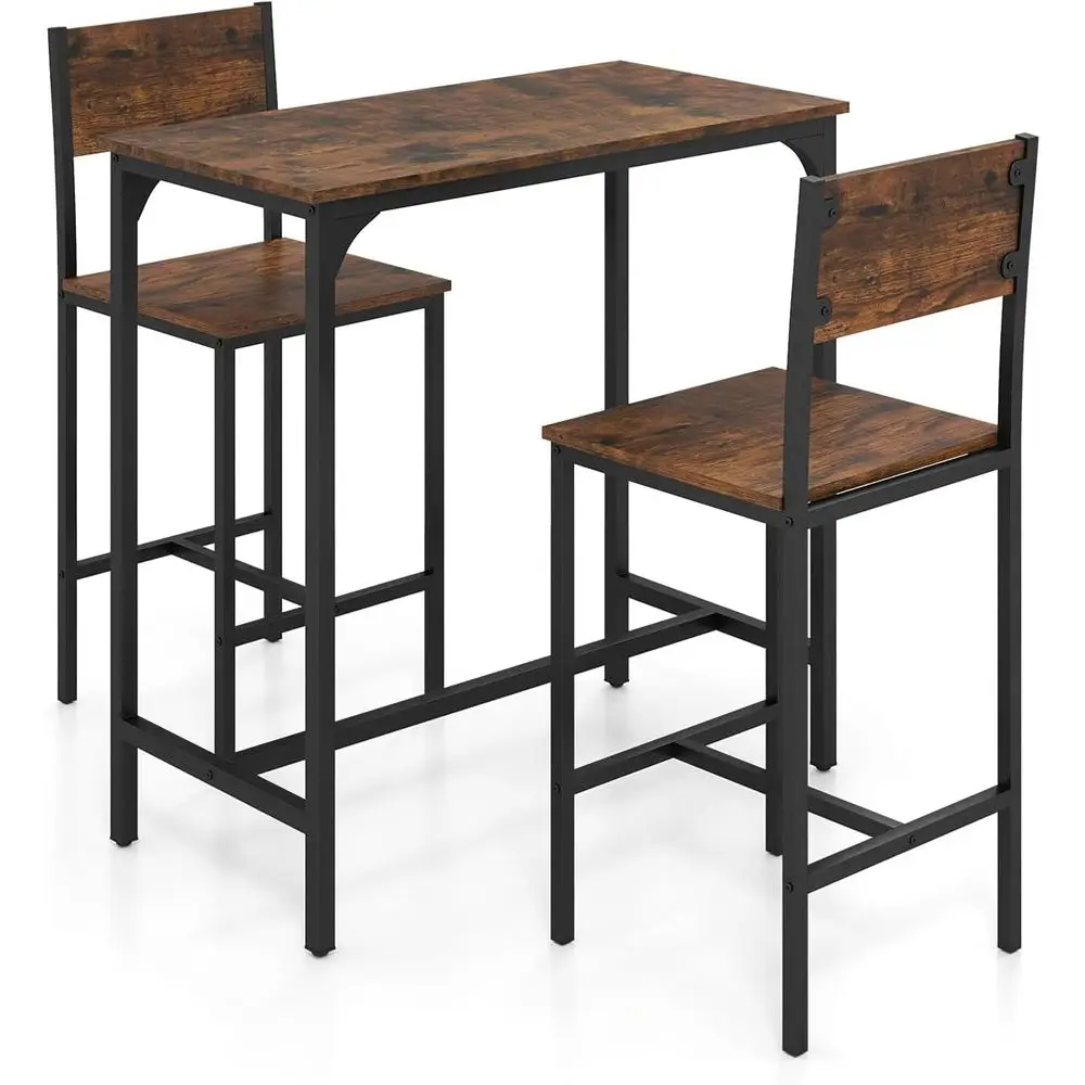 

Space-Saving Industrial 3-Piece Bar Table Set with Counter Height and 2 Barstools in Rustic Brown