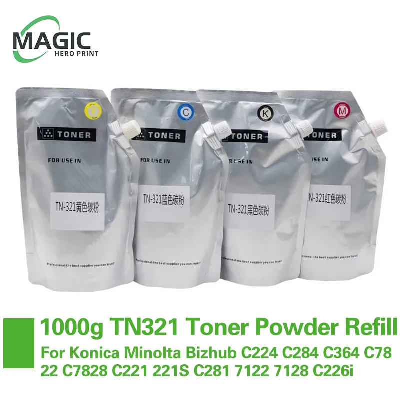 1000g TN321 For Konica Minolta Bizhub C224 C284 C364 C7822 C7828 C221 221S C281 7122 7128 C226i Toner Powder Refill Color Copier