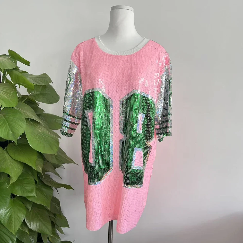 Greek Fashion sexy  Women Shirt number 8 printed ladies Summer sequin shining hip hop Sorority  number 08 jerseys T-shirts