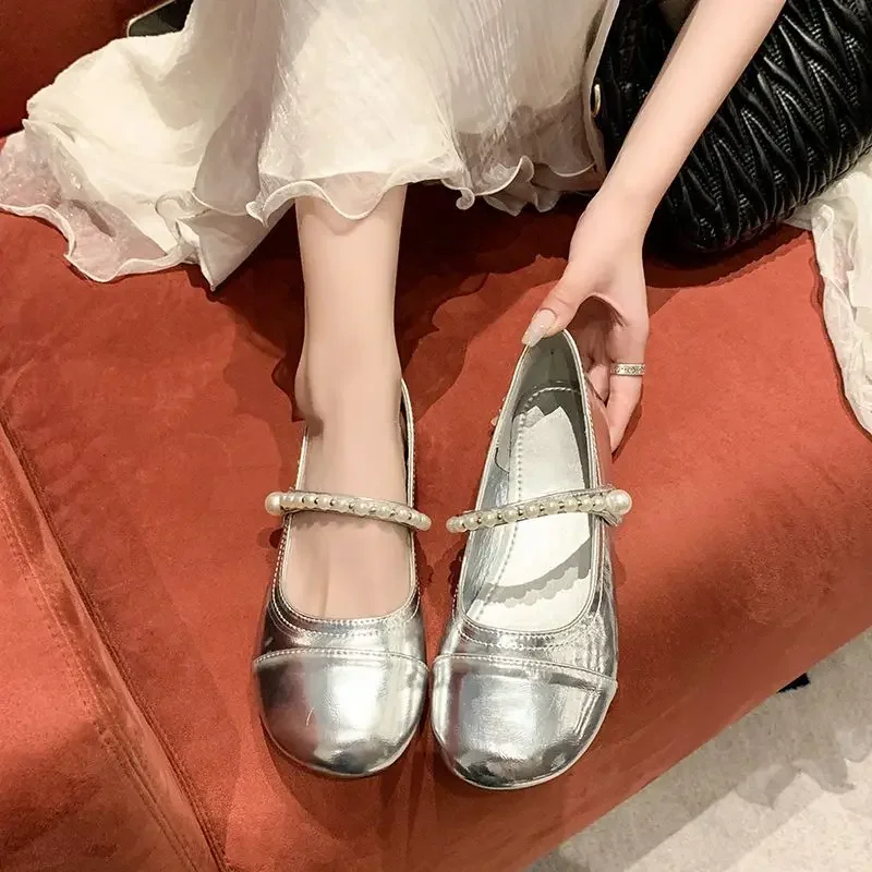 Silver Mary Jane Shoes for Women 2025 Summer Beau Today Cheap Clearance Casual Low Price Comfortable and Elegant 39 Woman Flats