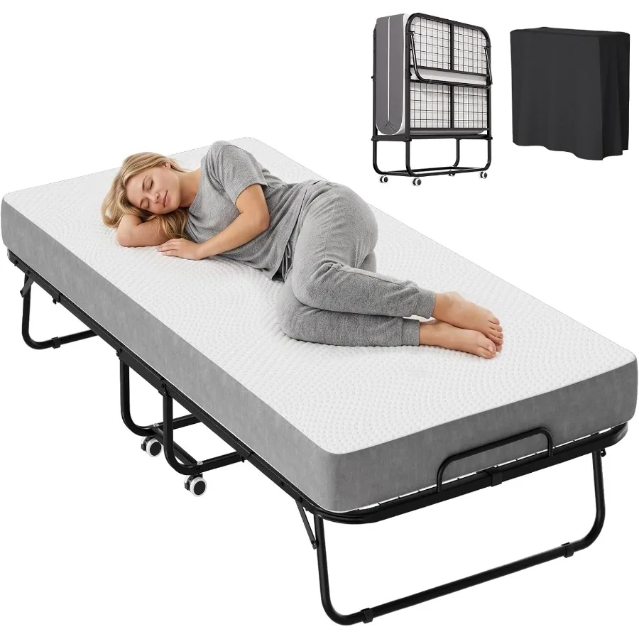 Folding Bed with 5-Inch Memory Foam Mattress, Rollaway Bed, 75 x 38