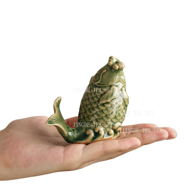 Celadon Green Ceramic Koi Fish Tea Pet Figurine Lucky Carp Statue for Kung Fu Tea Table Tea Pets and Feng Shui Home Decor view 5