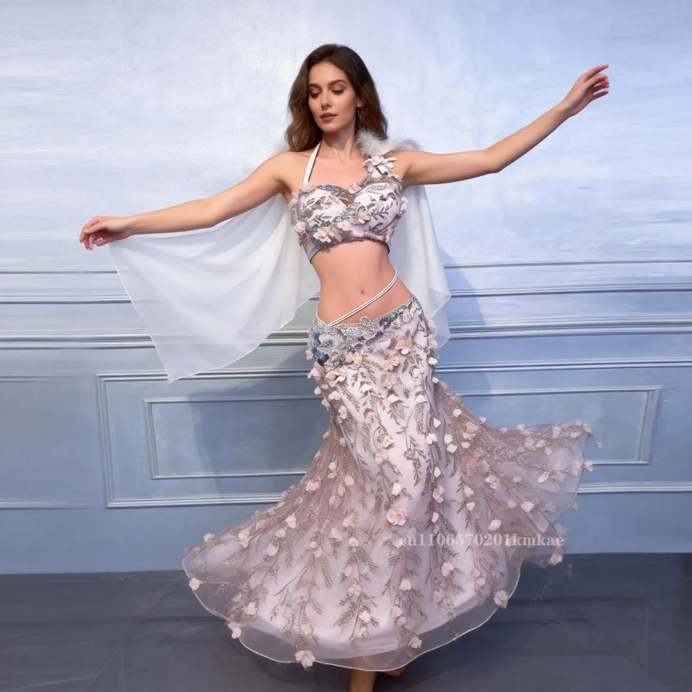 Strój do tańca brzucha dla kobiet, szyty na miarę, z wykwintnymi kwiatami, stanik + seksowna długa spódnica z rozcięciem, kostiumy do występów tańca orientalnego.