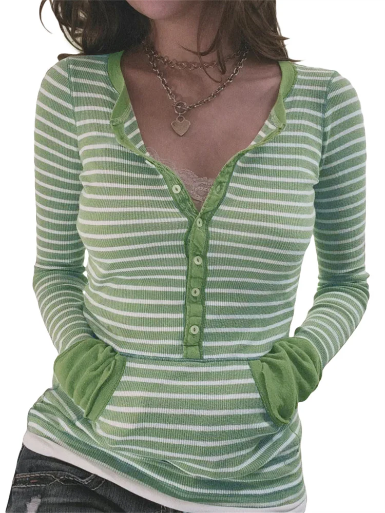 قمصان نسائية للخريف بأكمام طويلة ورقبة على شكل زر قمصان متماسكة Y2K تي شيرت جمالي 2000s قطع علوية غير رسمية على الطراز القوطي الجرونج #1