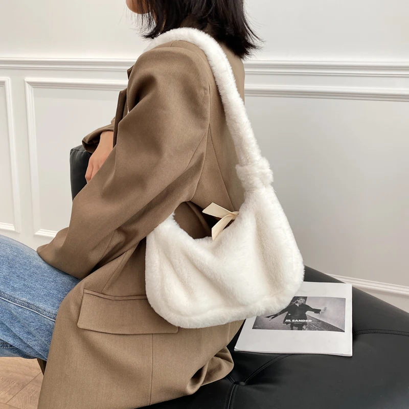 Shoulder Bags Women Winter Ladies Elegant Solid Female Underarm Fashion Simple All-match Soft Plush Hairy  Daily Popular image 2