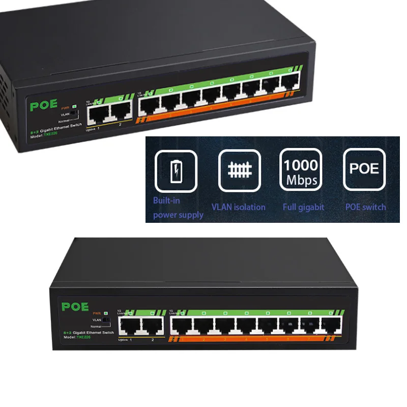 

Internet Splitter 10/100/1000mbps gigabit POE switch RJ45 switch RJ45 Hub 2+8 port VLAN switch Ethernet Smart Network Switcher