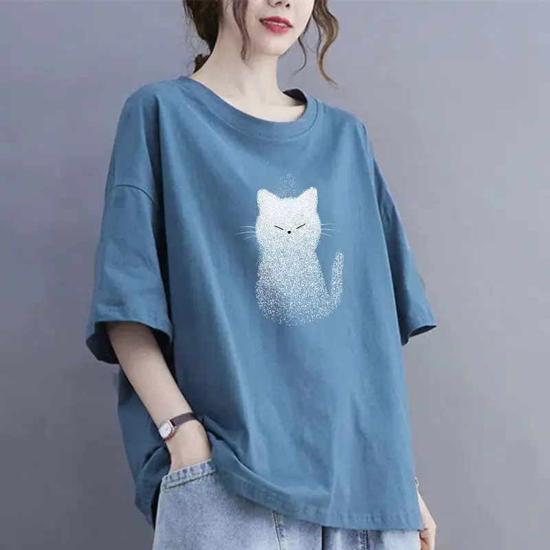 Oversized Cotton Half Sleeve T-Shirt Summer Casual All-match O-neck Loose Top Tee Ladies Simplicity Pullover Cartoon Tee Shirt