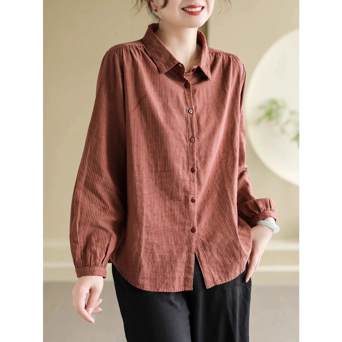 

Двухслойный хлопковый длинный све в полоску в стиле ретро, женский повседневный однотонный весенне-осенний новый утягивающий модный топ с воротником