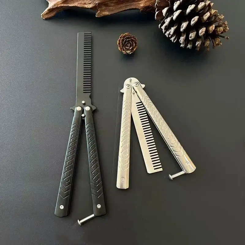 1 Stück Edelstahl Übungs-Schmetterlingsmesser-Kamm Bart- und Schnurrbartbürste Friseursalon-Styling-Werkzeug Faltbarer Kamm – Detail 10