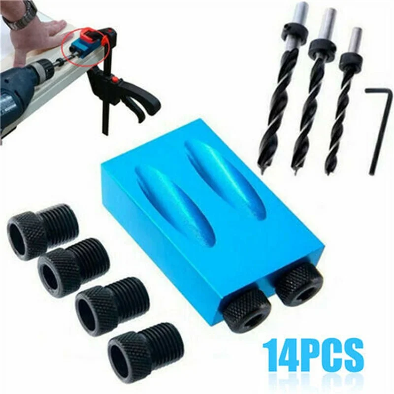 Imagem -06 - Bolso Buraco Parafuso Joinery Kit Joint Angle Locator Tool 15 Graus Dowel Drill Carpinteiros Madeira Guias de Carpintaria Novo Pcs 14 Pcs 15 Pcs