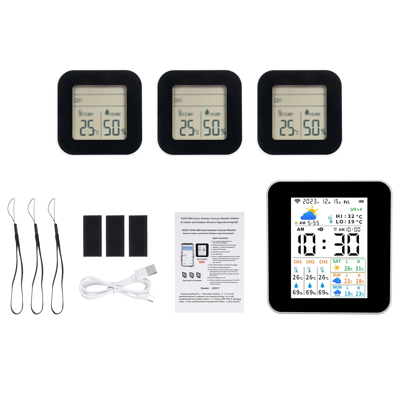 محطة الطقس اللاسلكية تويا ميزان الحرارة الداخلي والخارجي 3 قطعة أجهزة الاستشعار الرطوبة ومقياس درجة الحرارة في الوقت الحقيقي توقعات رصد