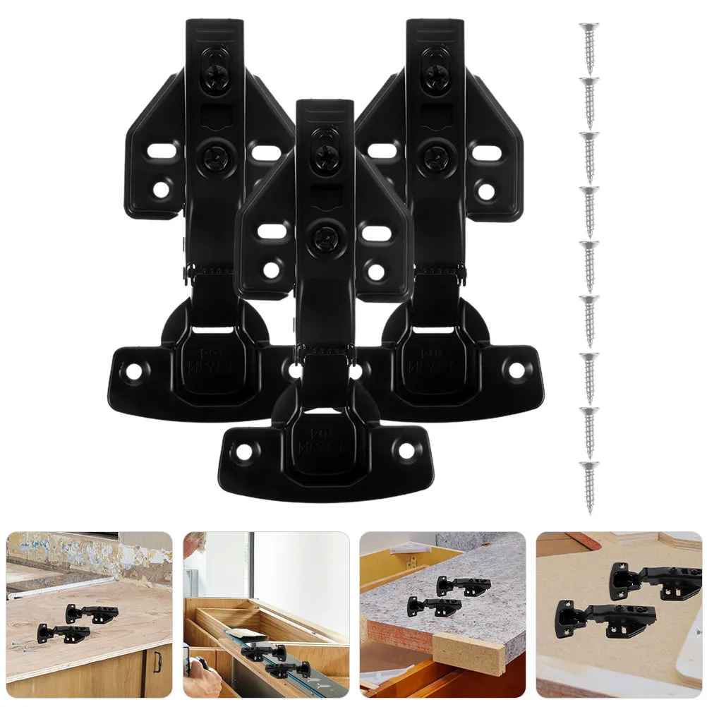 3Pcs Black Stainless Steel Soft Close Cabinet Hinges Full Overlay Concealed Damping Hinges for Frameless Kitchen Cabinets