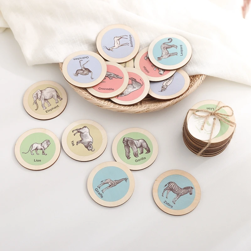 Baby Wooden Chips Colorful Round Cards Montessori Education Learning Animal Toys for Kids Parent-child Interaction Puzzle Game