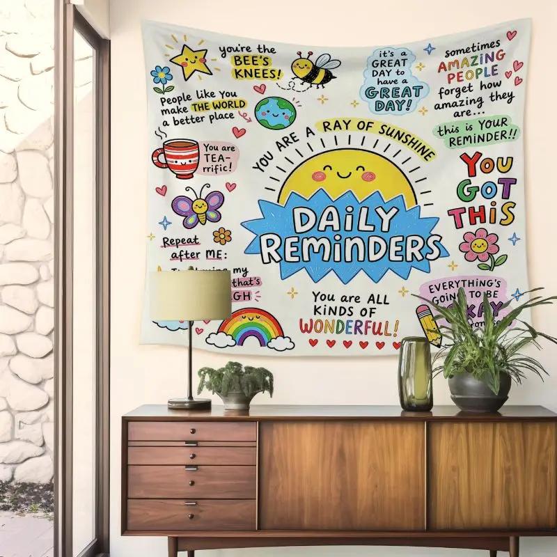 VIKAMA Daily Reminders Positive Quote Cartoon Wall Tapestry Sun Bee Butterfly Rainbow You Are Sunshine Doodle Kids Bedroom Soft