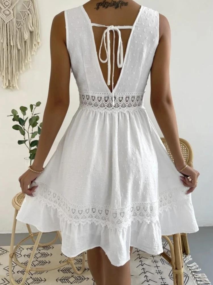 Tierred Lace Hollow Out Solid Patchwork White Dress Summer Casual Backless Elegant 2023 Short Dresses Spring Party Mini Skirt