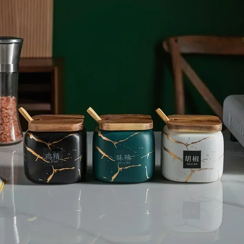 Japanese Kitchen Frosted Seasoning Pot Set Two Pack Marble Ceramic Household Combined Seasoning Box Salt Sugar Seasoning Bottle
