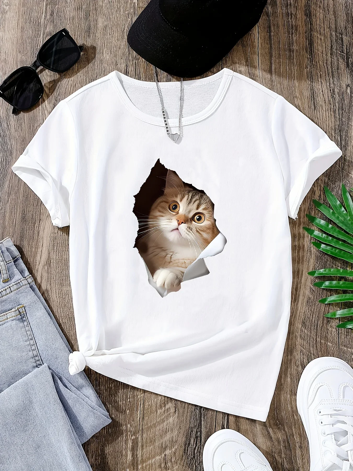 Kawaii Cartoon Katzen Druck Frauen T-shirt Nette Rundhals Kurzarm Sommer T-shirt Weibliche Harajuku Lose Unisex Y2K Kleidung Tops