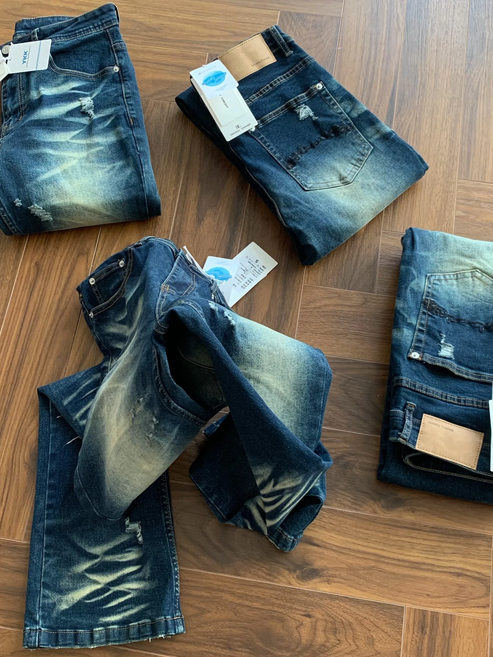 

American High Street Style Men's Jeans mid Waist Water Washed Slim Fit Elastic Denim Casual Pants Trendy Break Hole