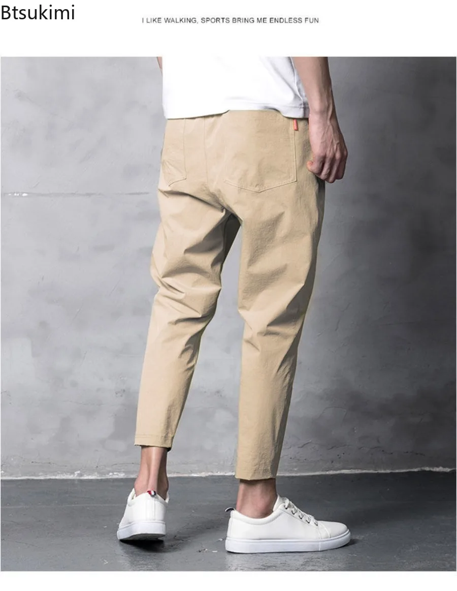 Summer Casual Men's Straight Cropped Pants Breathable Ice Silk Elastic Small Foot Sports Trousers Korean Style Youth Pants Male