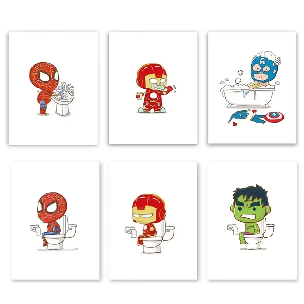 Póster de superhéroe de dibujos animados de Marvel, Spider Man, Iron Man, decoración de baño, regalo para niños, pintura en lienzo, letrero divertido para WC, impresión artística
