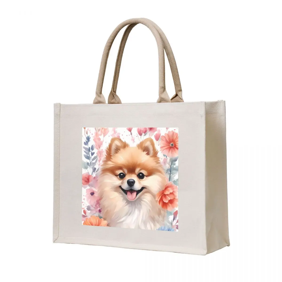 

Pomeranian puppy with flowers in watercolor Tote Bag eco bag folding ecological bags Handbags hand bag