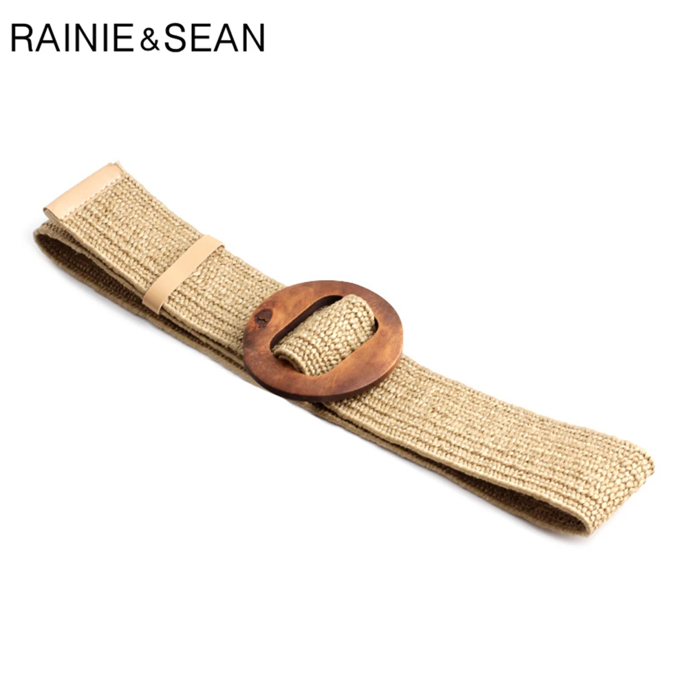 

RAINIE SEAN Khaki Bohemian Straw Braided Wide Belt for Women Wood Buckle Ladies Dress Belt Fashion Female Strap Accessories