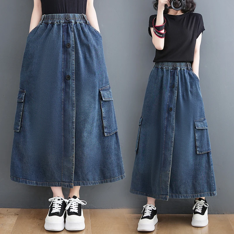 Loose Vintage Jeans Long Skirts For Woman Plus Size A-Line Elastic Waist Denim Skirt Women Pockets Single-breasted Maxi Skirt