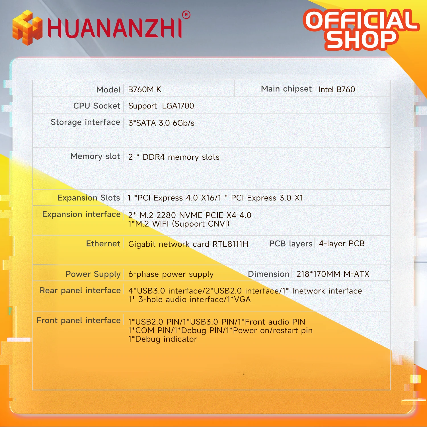 HUANANZHI B760M K M-ATX DDR4 Motherboard Support 12 13 14 Gen B760 Intel LGA 1700 CPU 12100F 12400F 12490F 12600F 12700F 13600F
