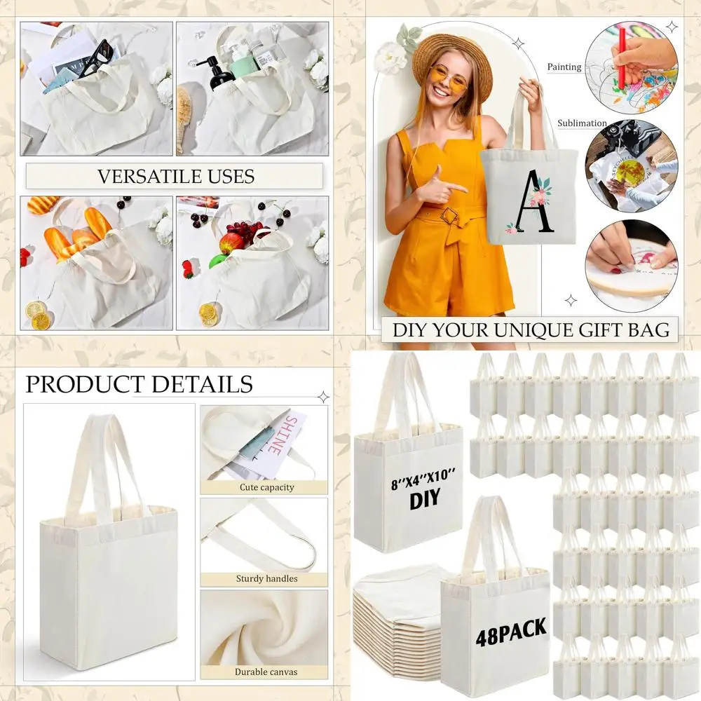 

Набор из 48 мини-сумок-тоут из холщовой ткани, 8x4x10 дюймов, маленькие заготовки для сублимации, для рукоделия, DIY и подарков на вечеринки (бежевый)