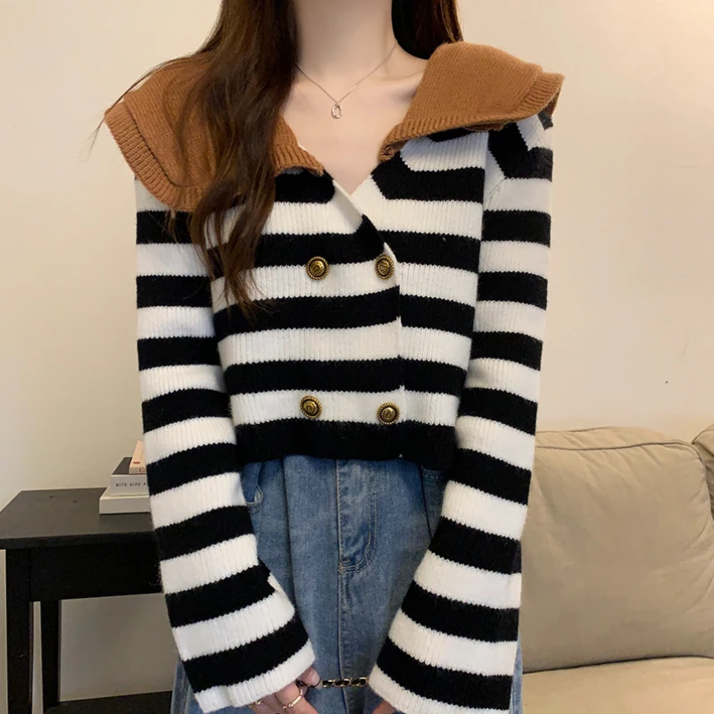 Women Sweaters Striped Contrast Color Cardigan Warm Daily Fashion Leisure Streetwear Ladies Temperament Korean Style Clothing