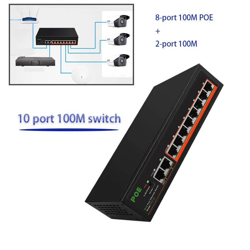 

RJ45 Hub 8Port 100M PoE+2Port 100M Uplink 10/100Mbps network switch 10 port 100M POE switch Plug and Play Ethernet Smart Switch