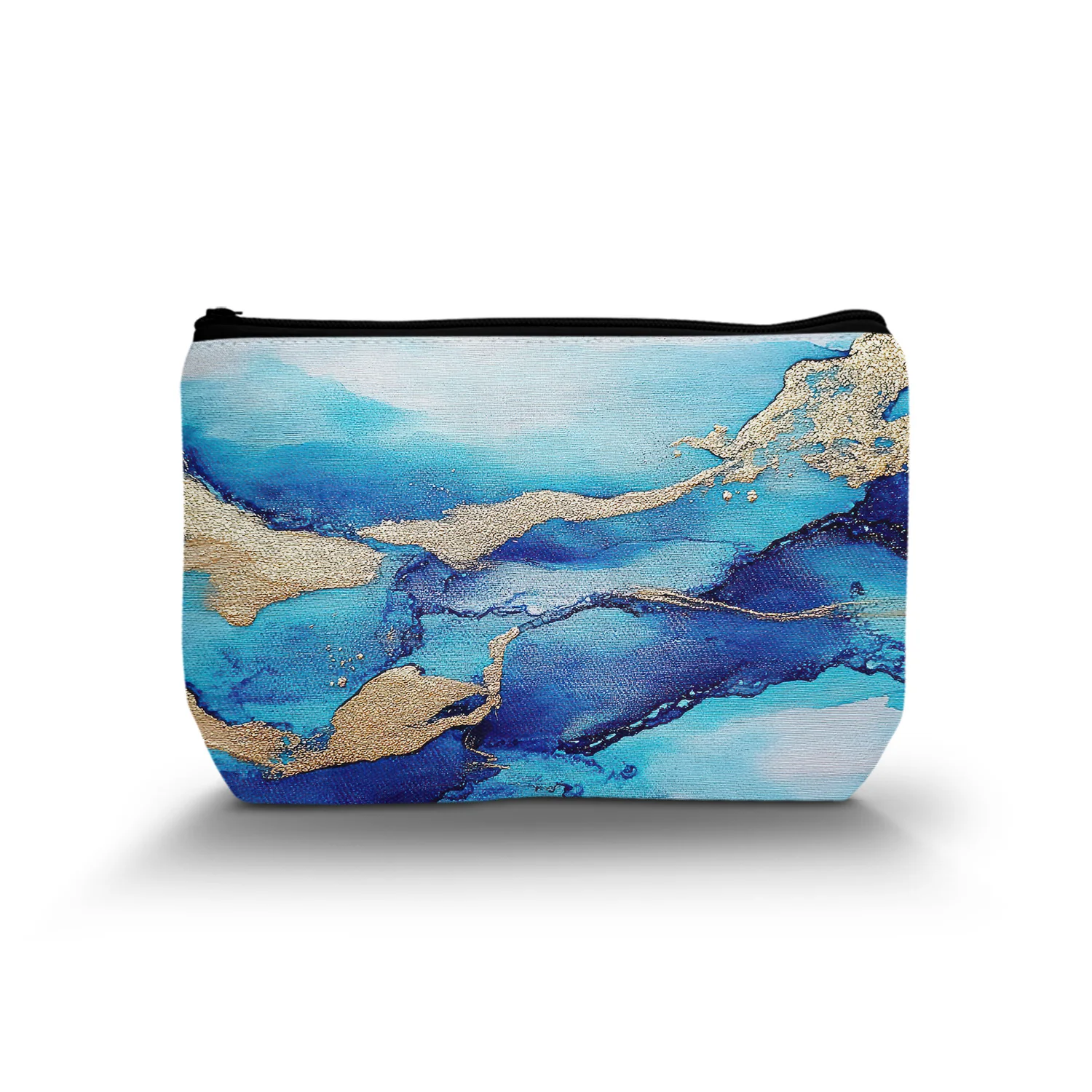 1Pc Blue Marble Pattern Makeup Bags Special Blue Gold Texture Fashionable Creative Cosmetic Bag With Zipper