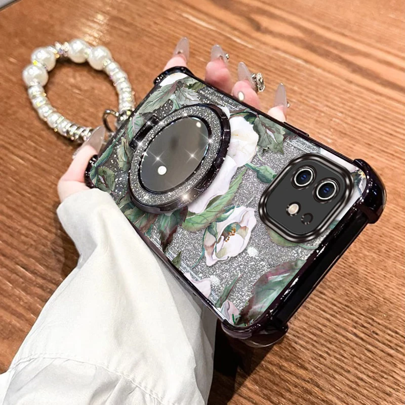 

11 White flowers Plating Bracelet Holder Phone Case For iPhone 11 8 11ProMax X XSMAX 12 12ProMax 11Pro XR 12Pro XS 6 7 Cover