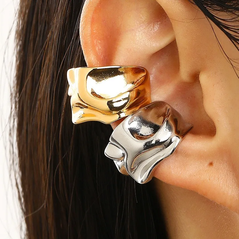 Minimalist Liquid Metal Textured Wrinkle Ear Cuff Non‑Pierced C‑Shaped Clip Earrings for Women Vintage Personality Party Jewelry