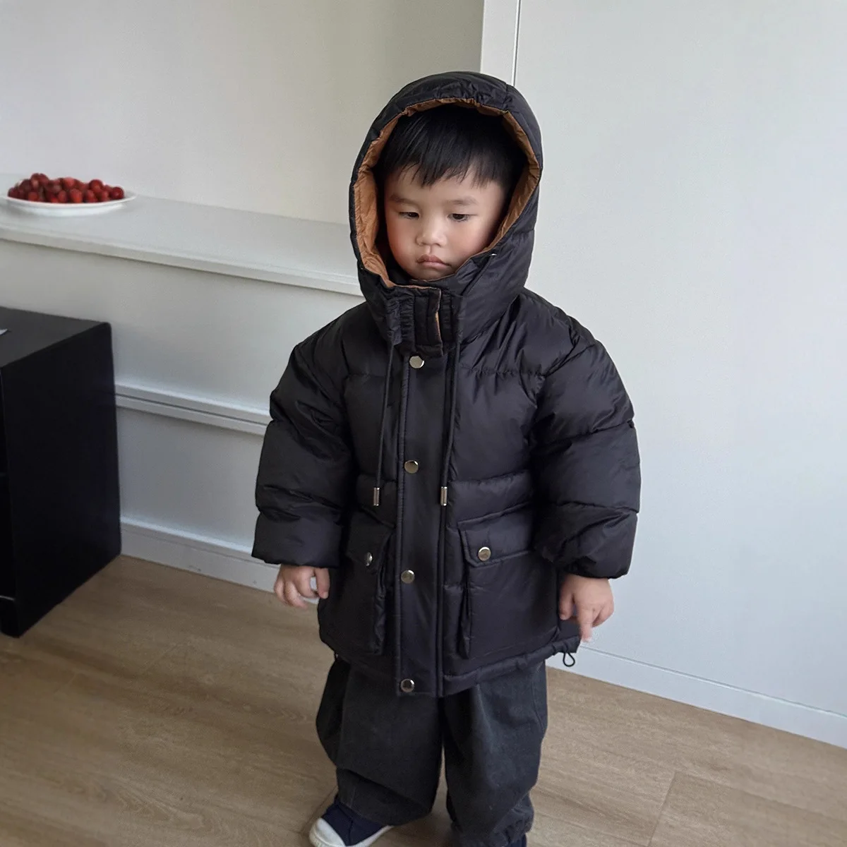 

Black Hooded Kids Puffer Jacket, Winter New Warm Winter Coat with Pockets,Toddler Casual Cotton-padded Outerwear