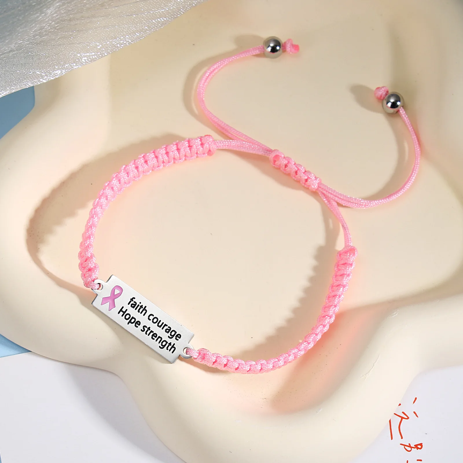 1 Pcs Pink Ribbon Braided Bracelets Breast Cancer Awareness Bracelet For Women\'S Female Breast Prevention Hand Lanyard Accessory